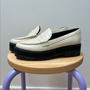 Reformation Agnes Chunky Leather Loafers in Almond with Croc Effect